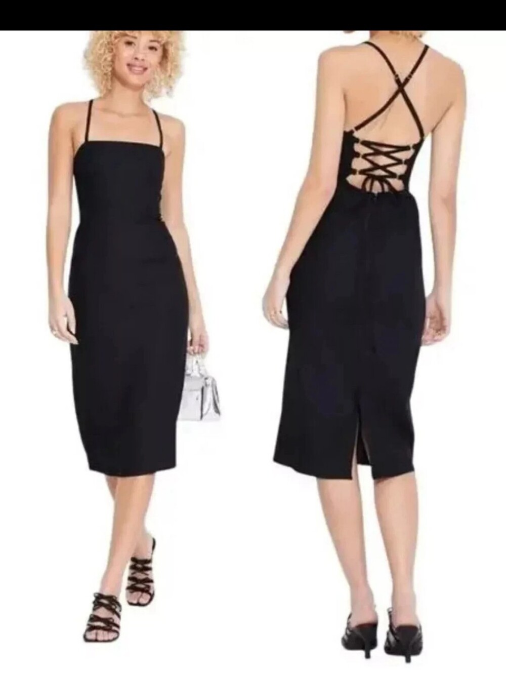 Wild Fable Linen Blend Lace Up Corset Black Midi Dress